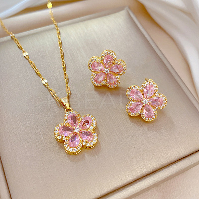 Brass Micro Pave Cubic Zirconia Pendant Necklace & Stud Earrings WG7AC39-27-1