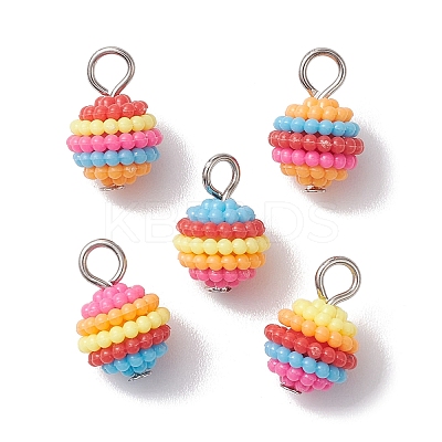 Rainbow Color Resin Waxberry Round Charms with Platinum Tone Iron Loops PALLOY-JF02774-1
