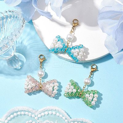 Bowknot Shell Pearl & Glass Pendants Decorations HJEW-TA00218-1