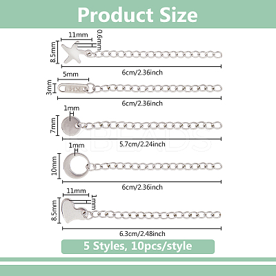 50Pcs 5 Styles 304 Stainless Steel Chain Extender STAS-DC0016-76P-1