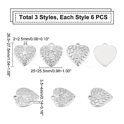 18Pcs 3 Style 304 Stainless Steel Pendants STAS-UN0025-66-1