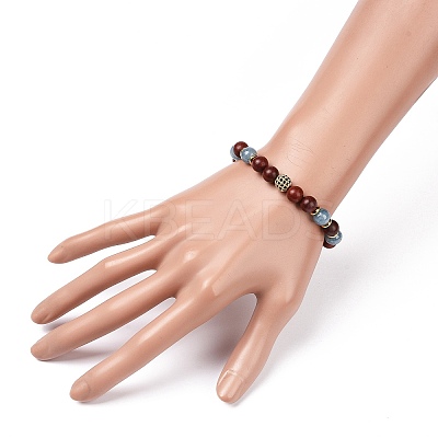4Pcs Natural Larvikite & Quartz(Dyed) & Lava Rock & Lapis Lazuli and Wood Beads Stretch Bracelets Set BJEW-JB08934-1