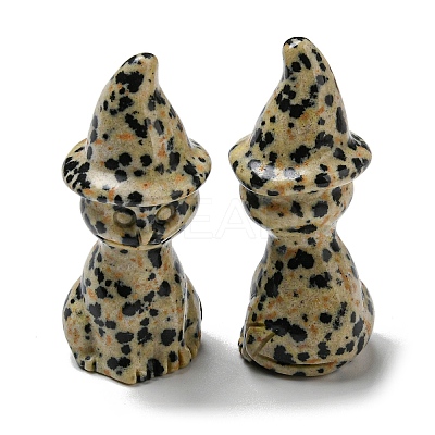 Natural Dalmatian Jasper Carved Healing Cat with Witch Hat Figurines DJEW-D012-07J-1