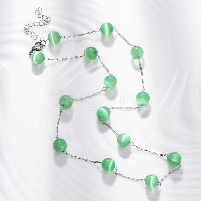 304 Stainless Steel Cat Eye Round Beads Handmade Chain Necklaces for Women NJEW-C073-01P-04-1