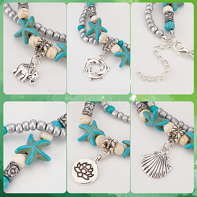 8Pcs 8 Style Synthetic Turquoise Starfish & Seed & Resin Beaded Double Layer Multi-strand Anklets Set AJEW-AN0001-03-1