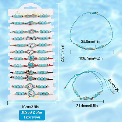 12Pcs 6 Styles Dyed Synthetic Turquoise Braided Bead Bracelets Set with Heart and Evil Eye BJEW-WH0020-02-1