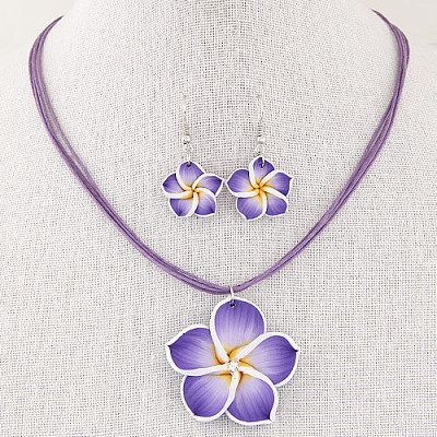 Flower Polymer Clay with Wax Cord Pendant Necklaces & Dangle Earrings Sets FS-WG2CAA9-03-1