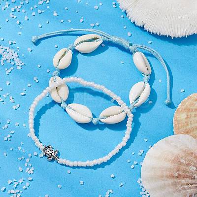 2Pcs 2 Style Glass Seed & Alloy Turtle Beaded Stretch Bracelets Set BJEW-JB09707-1
