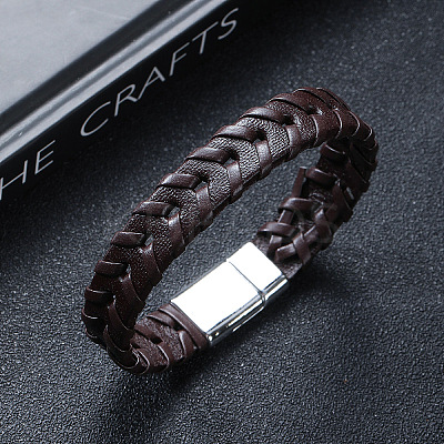 Leather Woven Flat Cord Bracelets PW-WG42872-02-1