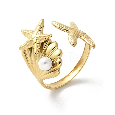Starfish & Shell 304 Stainless Steel Cuff Rings LS-RJEW-S621-08G-1
