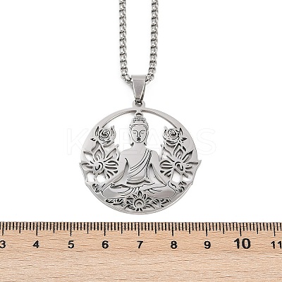 201 Stainless Steel Hollow Buddha Yoga Flower Pendant Necklaces for Women NJEW-K283-06P-1