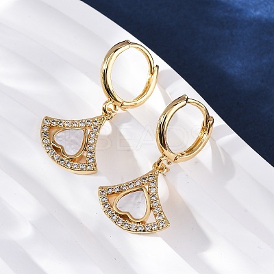Fan with Heart Brass Micro Pave Clear Cubic Zirconia Hoop Earrings KK-D363-13G-1