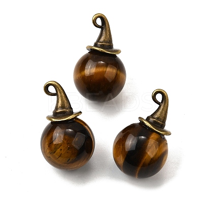 Natural Tiger Eye Round Pendants with Alloy Witch Hat G-D311-01AB-04-1