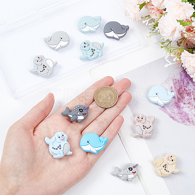 12Pcs 12 Style Whale/Dolphin/Sea Dog Food Grade Eco-Friendly Silicone Beads SIL-FH0001-11-1