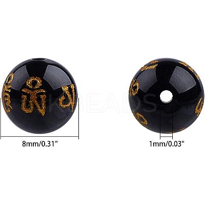 Natural Obsidian Round Carved Om Mani Padme Hum Beads Strands G-OC0001-35-1