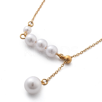 Ion Plating(IP) 304 Stainless Steel & White Plastic Pearl Round Pendant Lariat Necklaces for Women NJEW-P320-18G-1