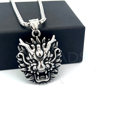 Vintage Punk 304 Stainless Steel Dragon Head Pendant Necklaces for Men WI9275-1