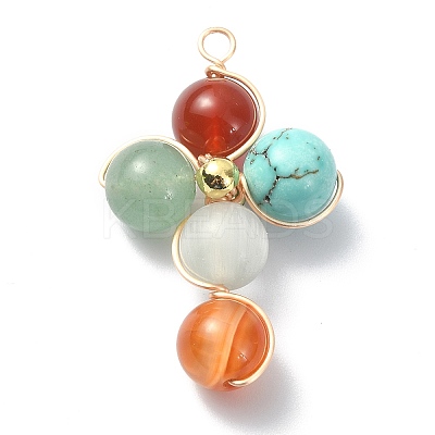 Mixed Gemstone Round Copper Wire Wrapped Pendants PALLOY-TA00042-1