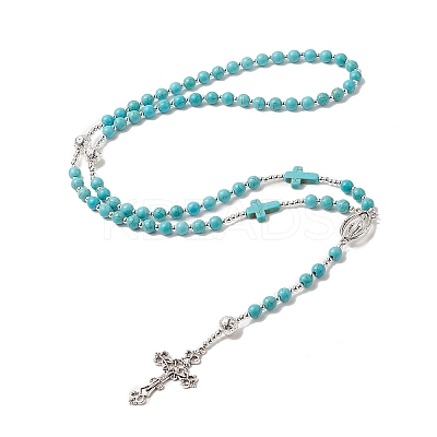 Natural Lava Rock & Synthetic Turquoise Rosary Bead Necklace NJEW-JN04237-01-1