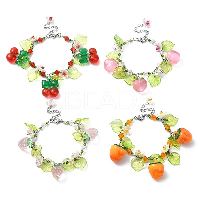 Glass & Resin & Acrylic Flower Charm Bracelet BJEW-JB09435-1
