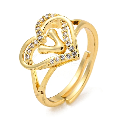 Heart with Letter Rack Plating Brass Micro Pave Clear Cubic Zirconia Adjustable Rings for Women RJEW-I105-01G-V-1