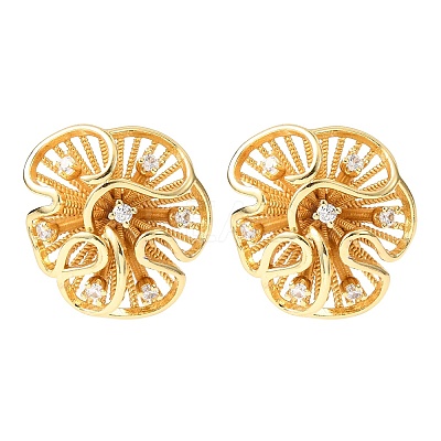 Flower Brass Micro Pave Clear Cubic Zirconia Stud Earrings EJEW-D346-01G-1