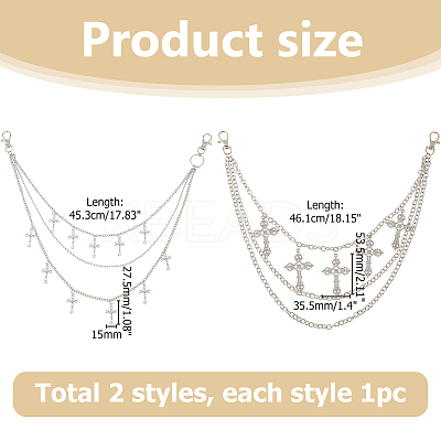 2Pcs 2 Styles Cross Charm Alloy 3 Layer Chain Belts for Pants AJEW-HS0001-18-1