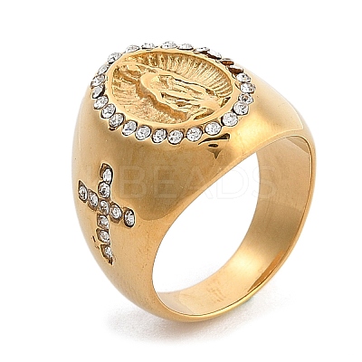 Oval with Saint 304 Stainless Steel Rhinestone Finger Ring for Unisex RJEW-Z076-05G-02-1