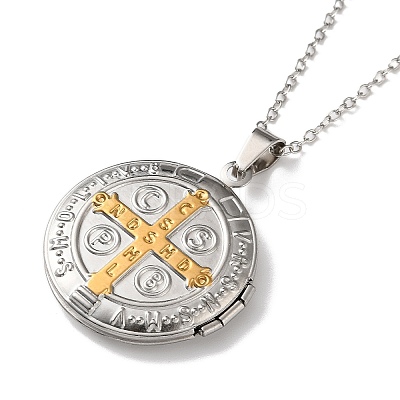 304 Stainless Steel Saint Benedict Medal Locket Pendant Necklaces for Women NJEW-G187-02GP-1