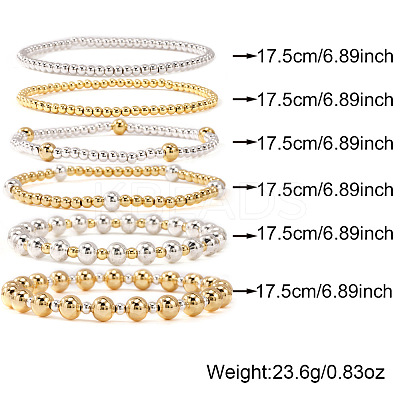 6Pcs 6 Styles Fashion Brass Women's Round Beaded Stretch Bracelet Sets for Layered and Versatile Styles XF3588-2-1