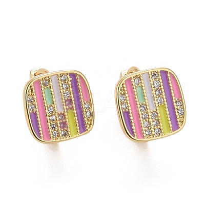 Colorful Enamel Stripe Rectangle Hoop Earrings with Cubic Zirconia EJEW-I265-06G-1