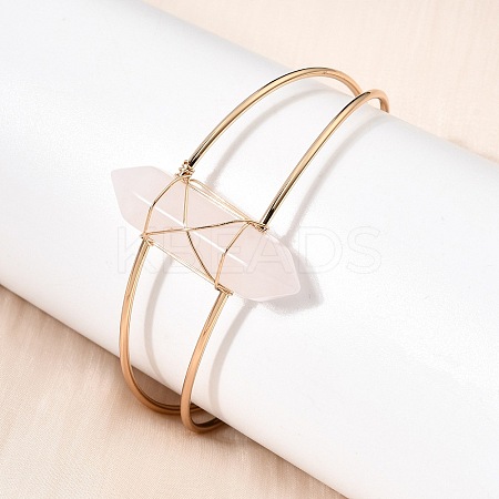 Brass Wire Wrapped Natural Rose Quartz Hexagon Point Cuff Bangles for Women BJEW-L719-01G-01-1