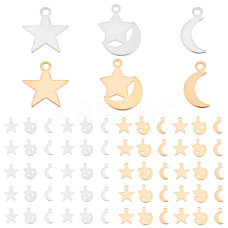 60Pcs 3 Style Moon & Star Brass Charms KK-PH0039-79-1