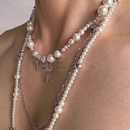 Cross Stainless Steel & Plastic Imitation Pearl Pendant Multi Layered Necklaces for Women FS-WGBBA27-01-1