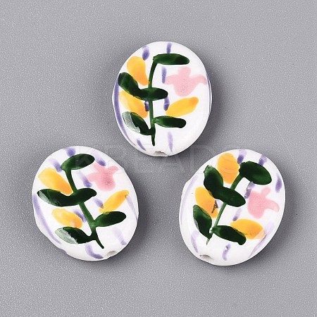Hand Painted Tulip Flower Oval Porcelain Beads PORC-N012-11E-1