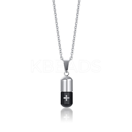 Two Tone 316L Stainless Steel Pill with Cross Urn Ashes Pendant Necklace with Cable Chains BOTT-PW0001-010PEB-1