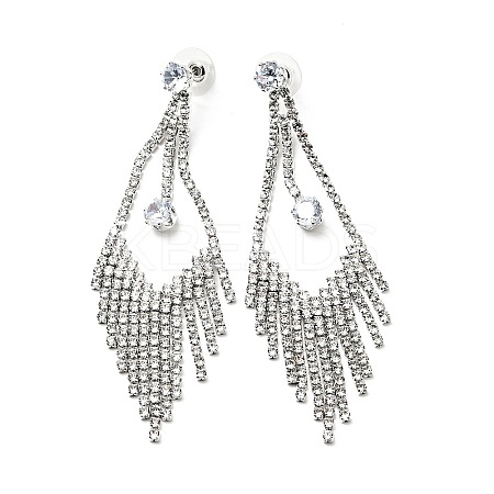 Clear Cubic Zirconia & Crystal Rhinestone Long Tassel Dangle Stud Earrings LS-EJEW-C037-07D-P-1