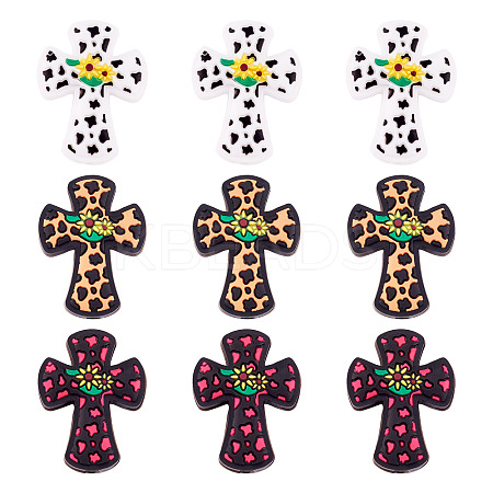9Pcs 3 Colors Cross with Flower Silicone Focal Beads SIL-TA0001-96-1
