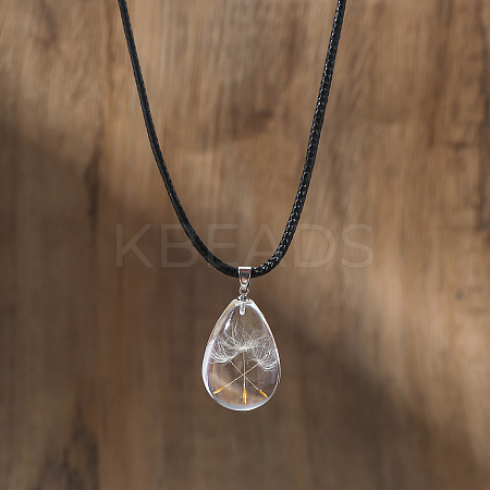 Dandelion Seed in Teardrop Resin Wish Pendant Black Cord Necklaces for Women WGE62B3-04-1