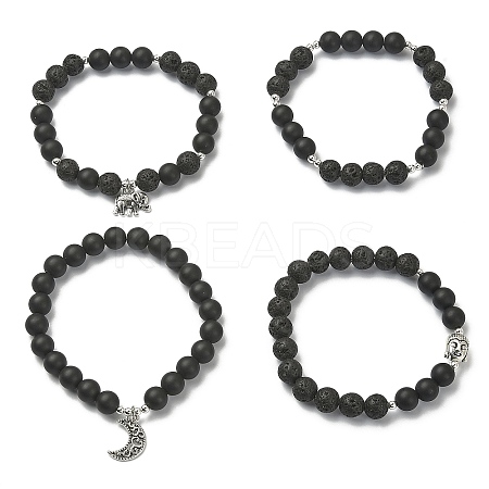 4Pcs 4 Style Natural Lava Rock & Black Agate & Hematite Beaded Stretch Bracelets Set BJEW-JB09508-1