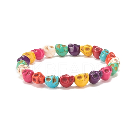 Synthetic Turquoise(Dyed) Skull Stretch Bracelet BJEW-JB08071-01-1