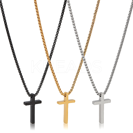 3Pcs 3 Colors Stainless Steel Cross Pendant Necklace with Box Chains NJEW-AN0001-76-1