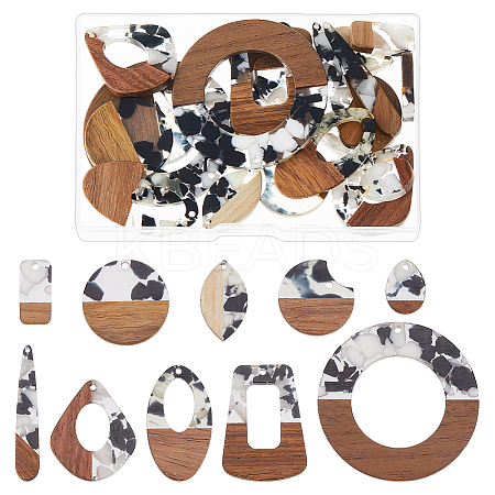 20Pcs 10 Styles Transparent Resin & Walnut Wood Big Pendants RESI-HS0001-01E-1