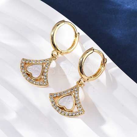 Fan with Heart Brass Micro Pave Clear Cubic Zirconia Hoop Earrings KK-D363-13G-1