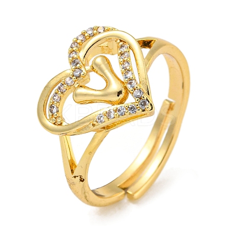 Heart with Letter Rack Plating Brass Micro Pave Clear Cubic Zirconia Adjustable Rings for Women RJEW-I105-01G-V-1