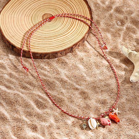 Summer Beach Porcelain Fish & Natural Cowrie Shell Pendant Cotton Cord Adjustable Necklaces FS-WG63638-01-1