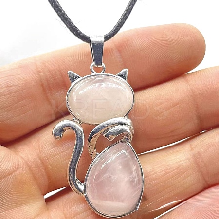 Natural Rose Quartz Alloy Cat Shape Pendant Necklaces KJ2639-2-1