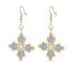 Glass Seed Beaded Cross Fleury Dangle Earrings with Round Shell Pearl EJEW-MZ00033-4