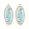 Printed Style 304 Stainless Steel Oval with Flower Pattern Pendants STAS-T071-27B-G-1