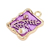 Brass Enamel & Natural Pearl Rectangle with Flower Pendants KK-K351-51G-03-2